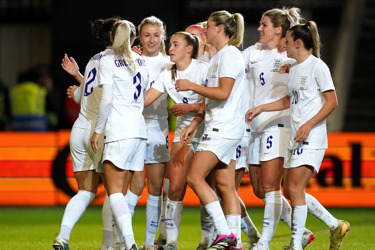 England’s Leah Williamson (third left) celebrates scoring their side’s second goal of the game with team-mates during the Arnold Clark Cup match at Ashton Gate, Bristol. Picture date: Wednesday February 22, 2023. (PA Wire)