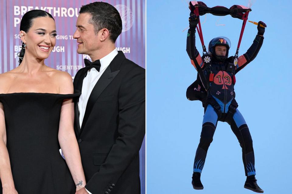 <p>Axelle/Bauer-Griffin/FilmMagic; Casey Durkin/PEACOCK</p> Katy Perry and Orlando Bloom in April 2024 (left) and Orlando Bloom skydiving in his new travel-adventure series on Peacock (right).