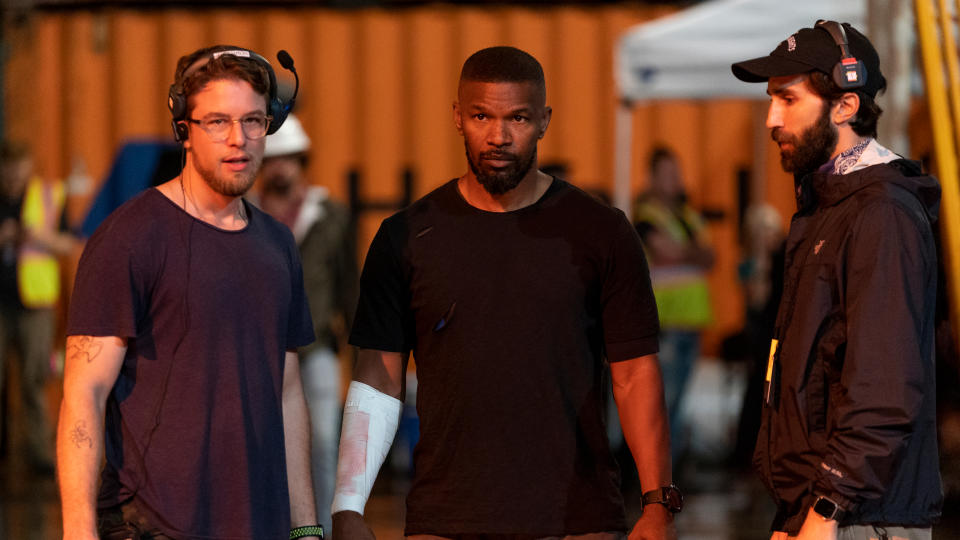 Henry Joost, Jamie Foxx and Ariel Schulman on the set of 'Project Power'. (Credit: Skip Bolen/Netflix)