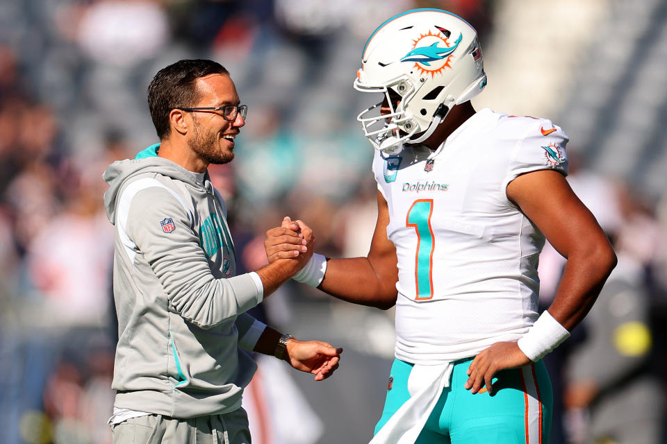 Dolphins coach Mike McDaniel and quarterback Tua Tagovailoa have been excellent together. (Photo by Michael Reaves/Getty Images)