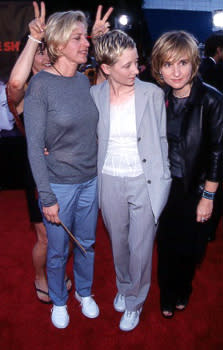 Ellen DeGeneres , Anne Heche and Melissa Etheridge have their dignified moment playfully spoiled by Julie Cypher at the LA premiere for Eyes Wide Shut Photo by Jeff Vespa/Wireimage.com