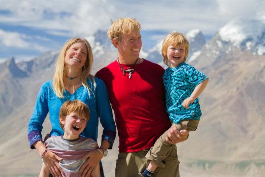 The Kirkbys—mom Christine, dad Bruce, and sons Bodi and Taj—spent 96 days trekking through 12 time zones, sleeping in one tent, and having the time of their lives. Here they’re in India at a remote monastery. (Photo: Bruce Kirkby/Travel Channel)