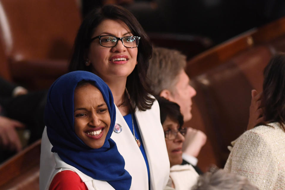 U.S. Representatives Ilhan Omar, left, and Rashida Tlaib at the State of the Union address in Washington, DC, on Feb. 5, 2019. | SAUL Loeb—AFP/Getty Images