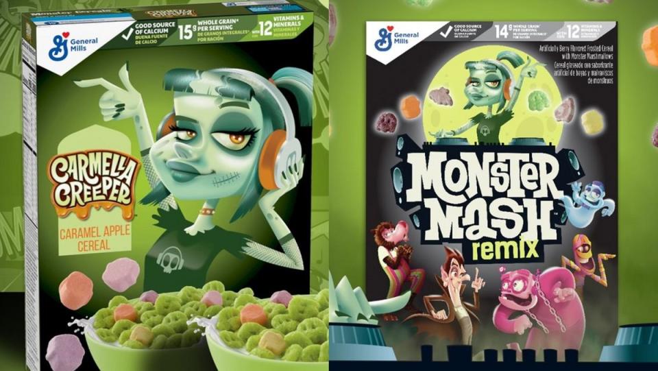 Box art for General Mills' latest Monster Cereal Carmella Creeper and Monster Mash Remix cereals.