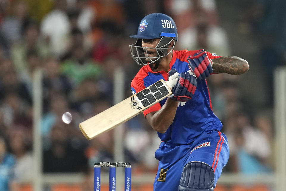 Delhi Capitals' Aman Hakim Khan bats during the Indian Premier League cricket match between Gujarat Titans and Delhi Capitals in Ahmedabad, India, Tuesday, May 2, 2023. (AP Photo/Ajit Solanki)