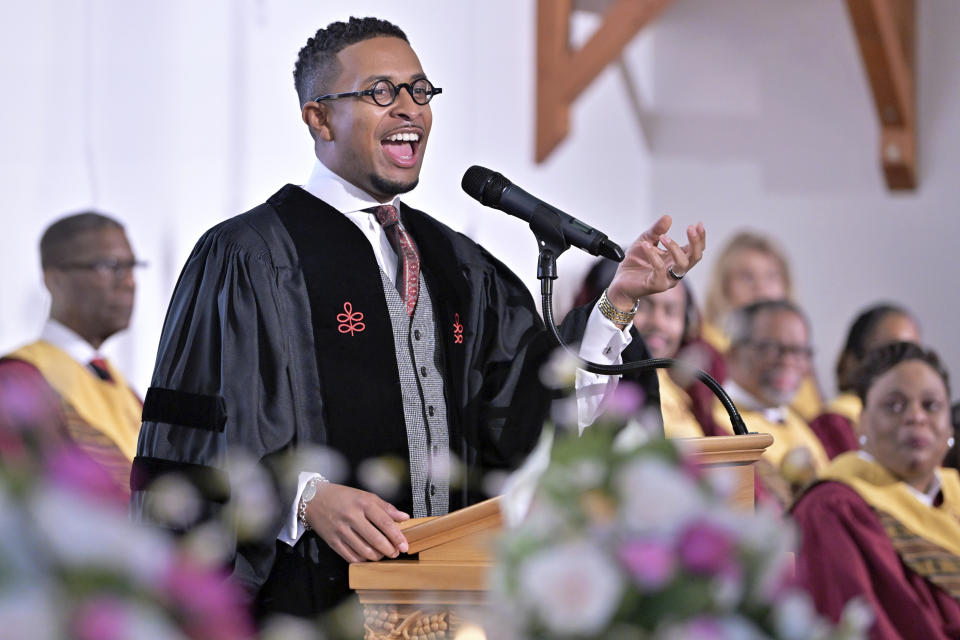 The Rev. Brandon Thomas Crowley speaks during Sunday service at Myrtle Baptist Church in Newton, Mass., on Sunday, May 5, 2024. In his book, Crowley notes that the Rev. Adam Clayton Powell Sr. crusaded against homosexuality during his 1908-1936 leadership of New York’s Abyssinian Baptist Church — one of the most prominent Black churches in the country. (AP Photo/Josh Reynolds)