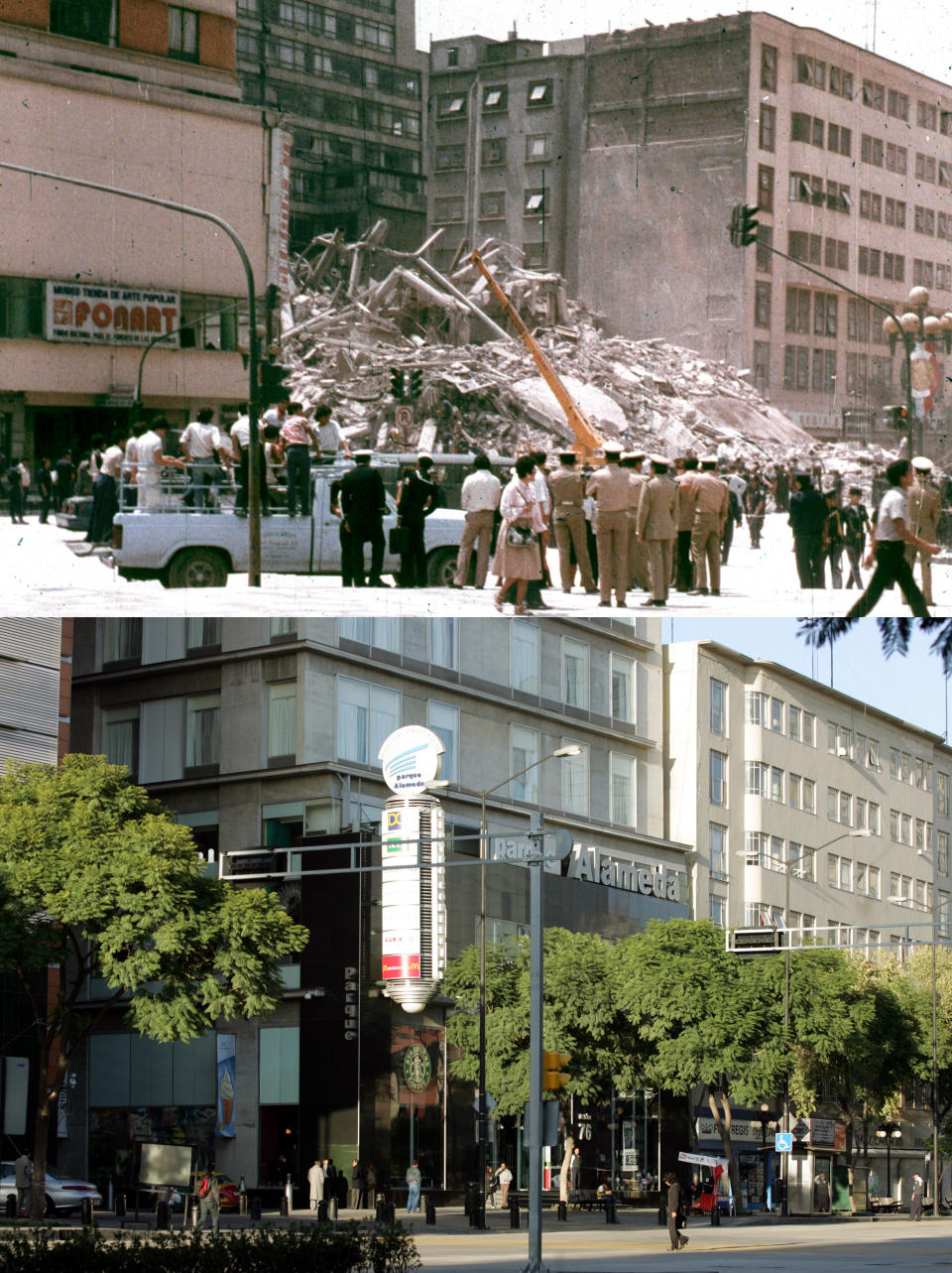 File photo shows a building in Mexico City collapsing during earthquake and same location on September 19, 2005.  A combination photo shows a building in Mexico City's central Alameda park square collapsing after an earthquake in Mexico in a September 19, 1985 file photo (top) and the same location (bottom) on September 19, 2005. The devastating aftermath of Hurricane Katrina has stirred up memories of the earthquake that reduced parts of Mexico City to rubble 20 years ago, but the capital has armed itself for the next time disaster hits. The earthquake, measuring a giddy 8.1 on the Richter scale, caught Mexico off guard, killing thousands as it toppled housing blocks and office buildings in a city built on the soft mud left by a dried-up pre-Hispanic lake. Mexico's President Vicente Fox will host a memorial service on Monday for the victims. REUTERS/Daniel Aguilar/File