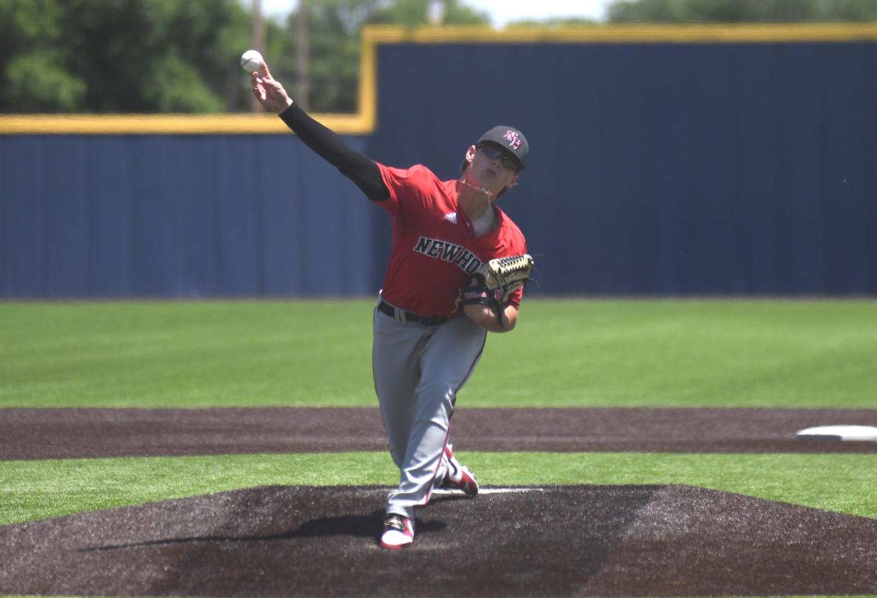 New Home's Logan Addison pitches against Sundown in Game 2 of a Region I-2A quarterfinal baseball series Friday, May 17, 2024, at the Frenship Athletic Complex in Wolfforth.