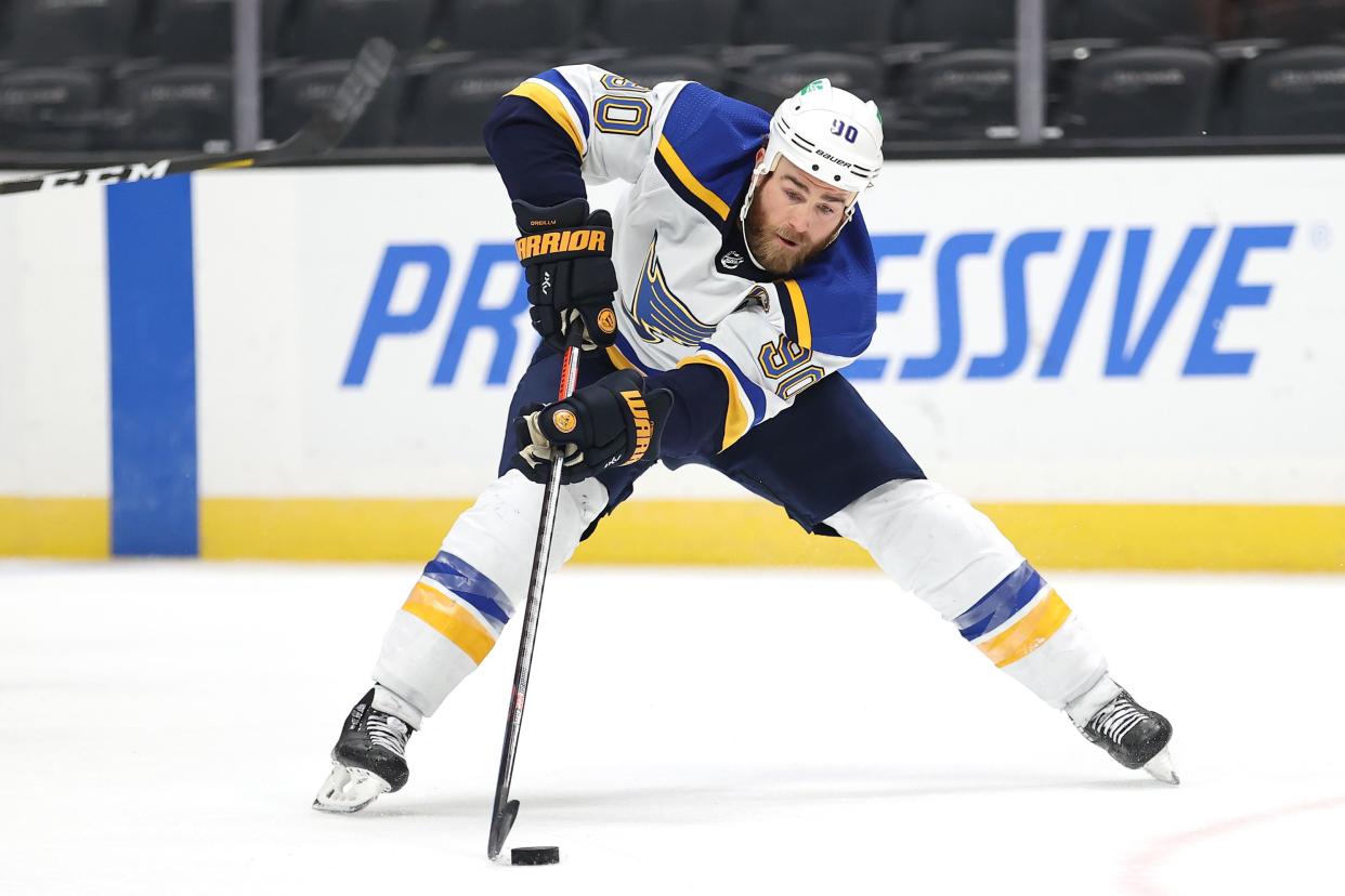 Ryan O'Reilly of the St. Louis Blues controls the puck during the first period of a game against the Anaheim Ducks at Honda Center on March 1, 2021. The Blues won 5-4.