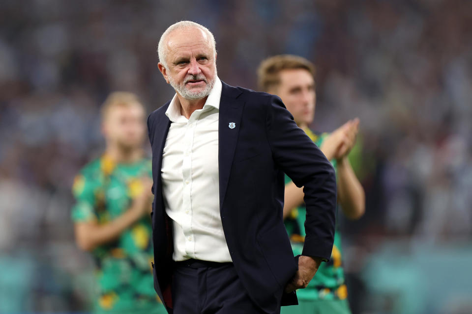 Seen here, Socceroos coach Graham Arnold looks on after his side's World Cup round of 16 loss to Argentina.