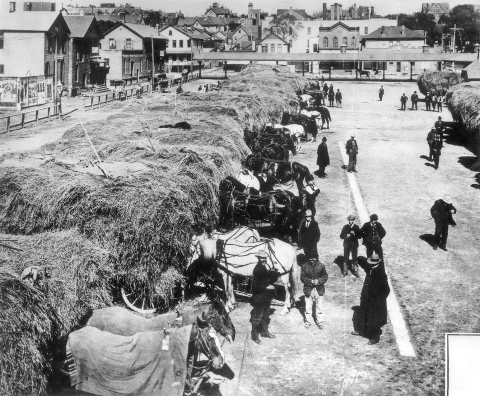 Haymarket Square was an open market where farmers from the surrounding counties brought wagon loads of hay for breweries, dairies and tanneries. The market was located at North 5th and West Poplar (McKinley) streets.