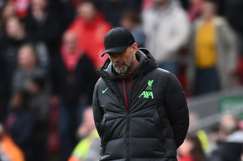 LIVERPOOL, ENGLAND - APRIL 14 : Manager Jurgen Klopp of Liverpool FC looks disappointed and dejected during the Premier League match between Liverpool FC and Crystal Palace at Anfield on April 13, 2024 in Liverpool, United Kingdom.(Photo by Sebastian Frej/MB Media/Getty Images)