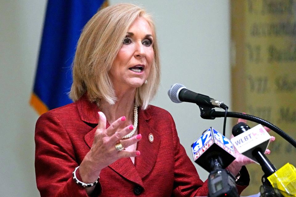 Mississippi Republican Attorney General Lynn Fitch speaks of the duty and service offered by correction officers and staff during an Officers Memorial Service at the Central Mississippi Correctional Facility in Pearl, Miss., Tuesday, May 9, 2023. The ceremony honored the men and women who were killed in the line of duty.