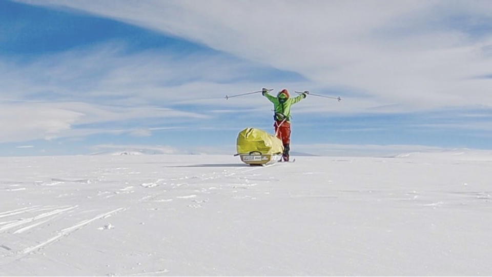 In this photo provided by Colin O'Brady, of Portland., Ore., he poses for a photo while traveling across Antarctica on Wednesday, Dec. 26, 2018. He has become the first person to traverse Antarctica alone without any assistance. O'Brady finished the 932-mile (1,500-kilometer) journey across the continent in 54 days, lugging his supplies on a sled as he skied in bone-chilling temperatures. (Colin O'Brady via AP)