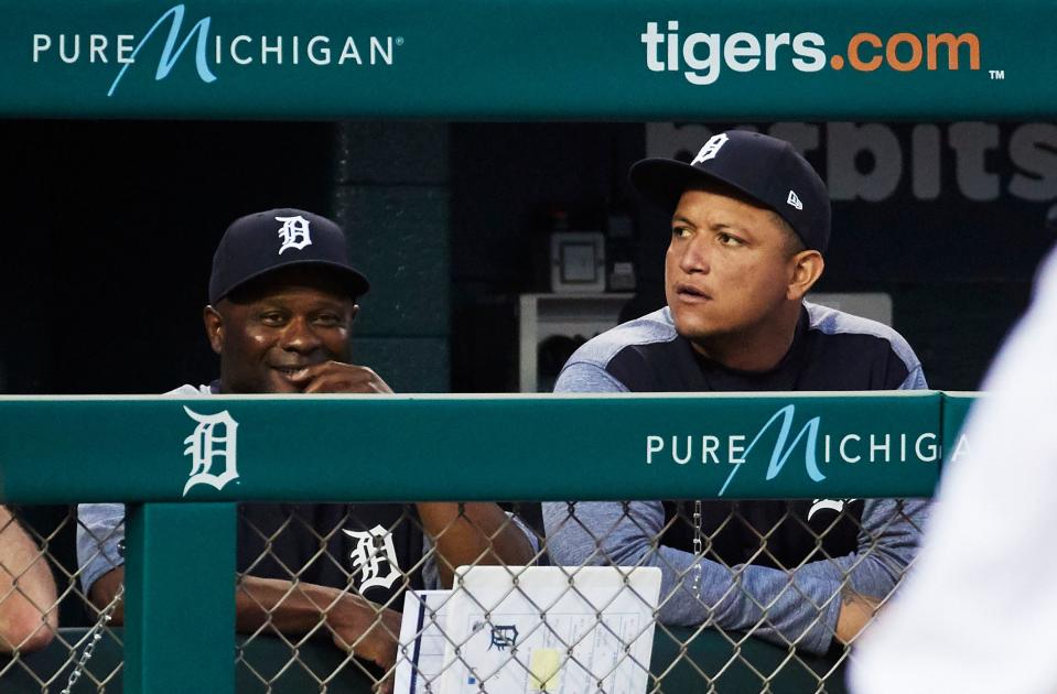 Detroit Tigers hitting coach Lloyd McClendon (20) and first baseman Miguel Cabrera (24) watch from the dugout during the fifth inning against the Los Angeles Angels at Comerica Park on Tuesday, May 29, 2018.