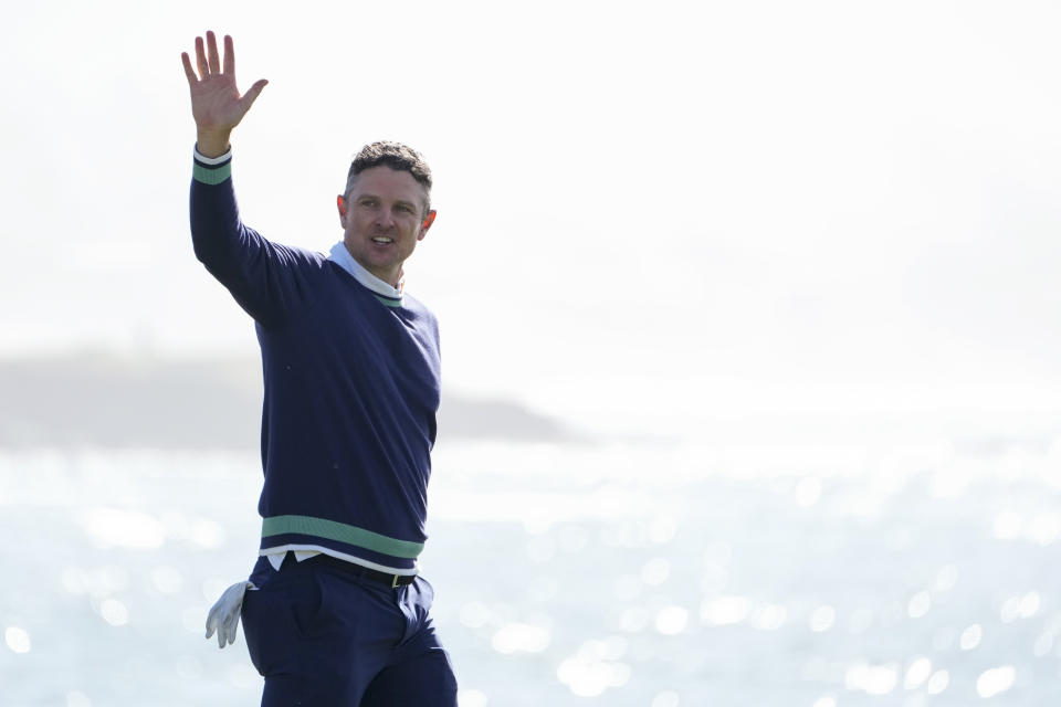 Justin Rose, of England, reacts after making a par putt on the 18th green of the Pebble Beach Golf Links to win the AT&T Pebble Beach Pro-Am golf tournament in Pebble Beach, Calif., Monday, Feb. 6, 2023. (AP Photo/Godofredo A. Vásquez)