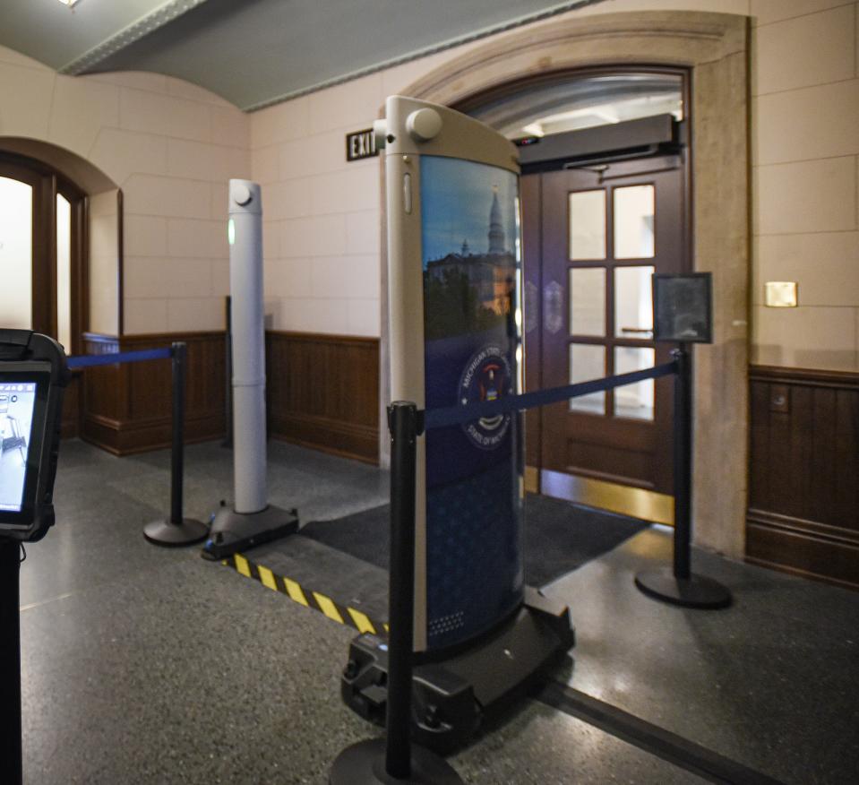 One of four weapons detection systems near the entrances of the state Capitol in Lansing, pictured Wednesday, March 20, 2024.