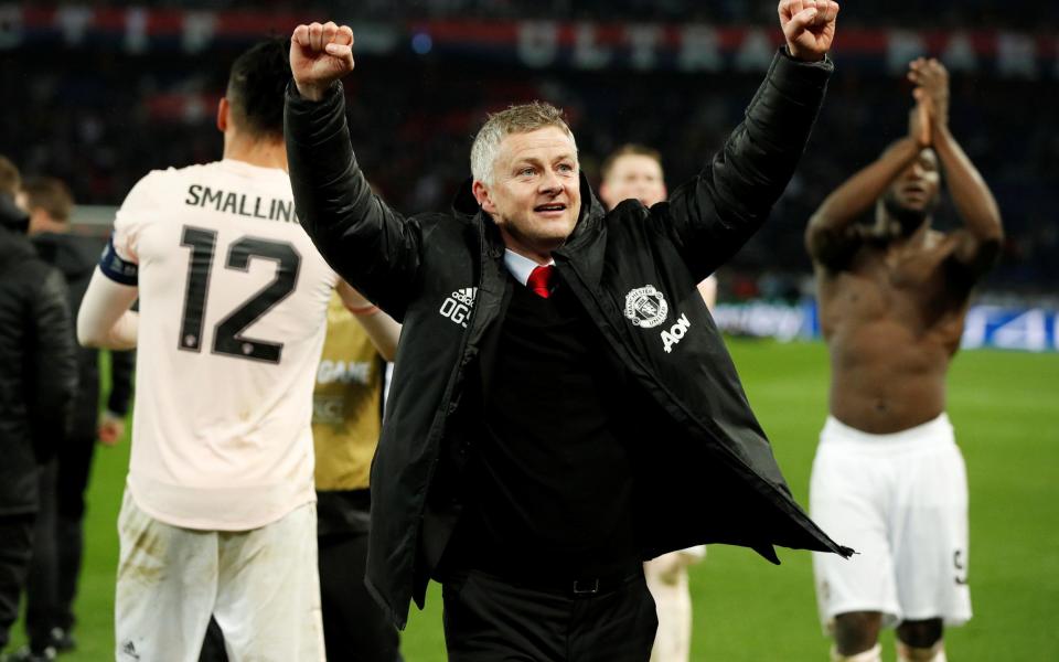 Ole Gunnar Solskjaer celebrates after United beat PSG in 2019 - ACTION IMAGES