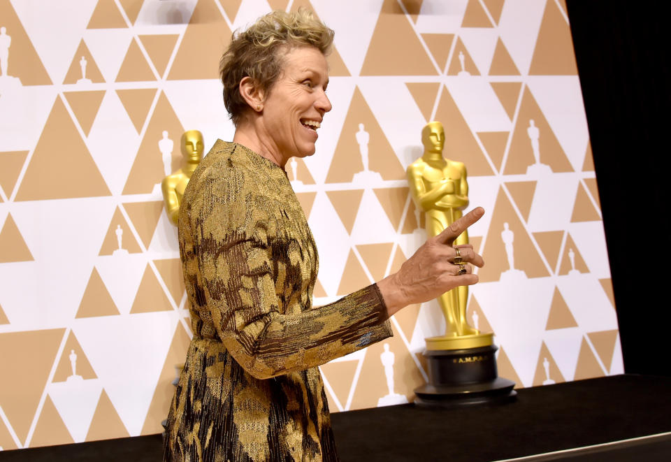 Frances McDormand, winner of the Best Actress award for "Three Billboards Outside Ebbing, Missouri," poses in the press room during the 90th Annual Academy Awards on March 4, 2018. (Photo: Jeff Kravitz via Getty Images)