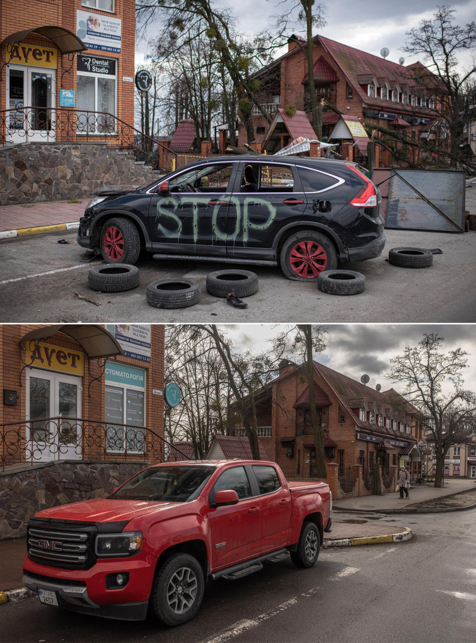 Früher diente dieser Ort als Parkplatz vor einer Zahnarztpraxis in Bucha. Jetzt steht ein zerstörtes Auto als Straßenblockade in dem Ort, an dem russische Soldaten ein furchtbares Massaker angerichtet haben sollen. ((Bild oben: Alexey Furman / unten: Roman Pilipey/Getty Images)