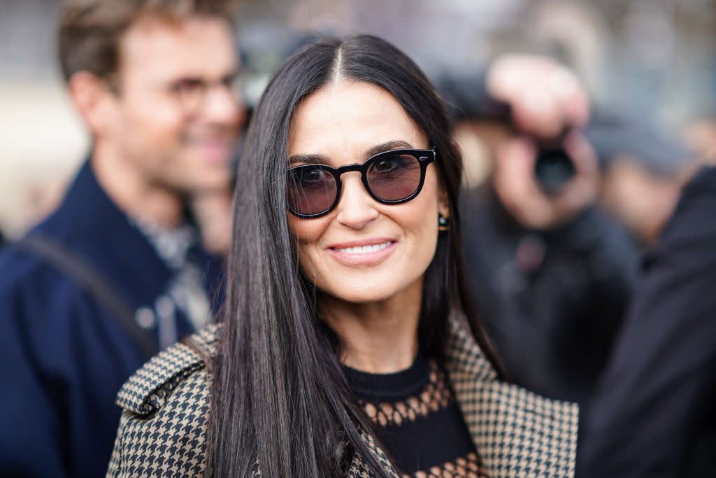 Demi Moore has surprised fans with her bathroom come lounge come home office set up, pictured at Paris Fashion Week, February, 2020 (Getty Images)