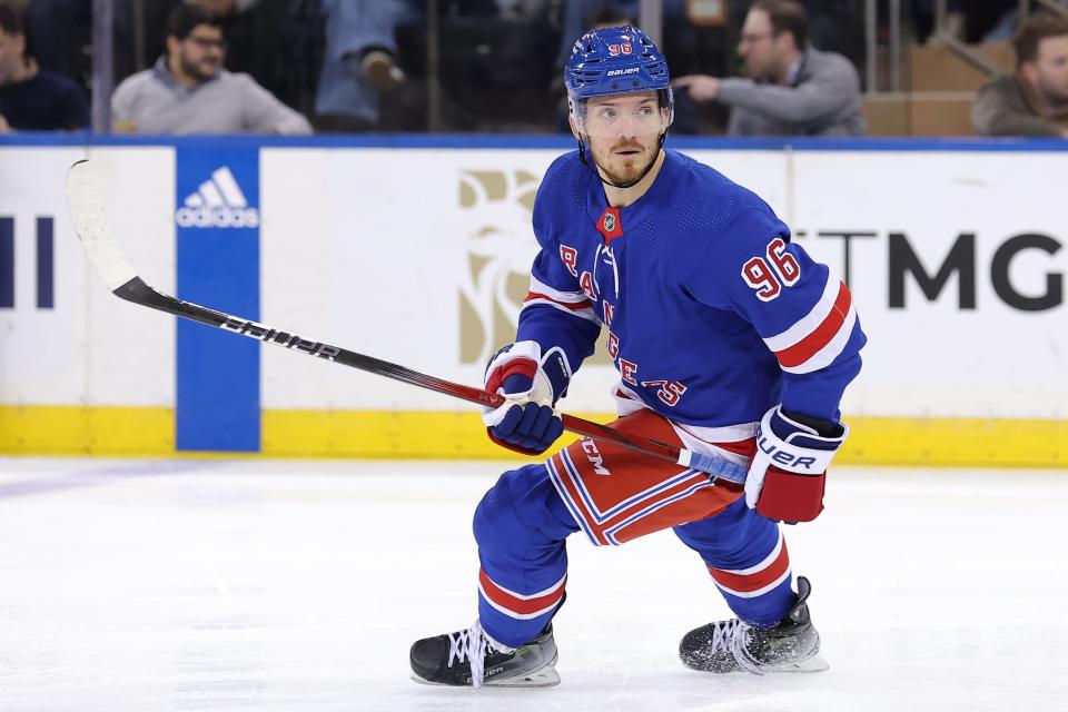 Mar 11, 2024; New York, New York, USA; New York Rangers center Jack Roslovic (96) skates against the New Jersey Devils during the second period at Madison Square Garden.