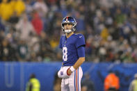 New York Giants quarterback Daniel Jones (8) reacts in the second half of an NFL football game against the New York Giants, Sunday, Dec. 29, 2019, in East Rutherford, N.J. (AP Photo/Adam Hunger)
