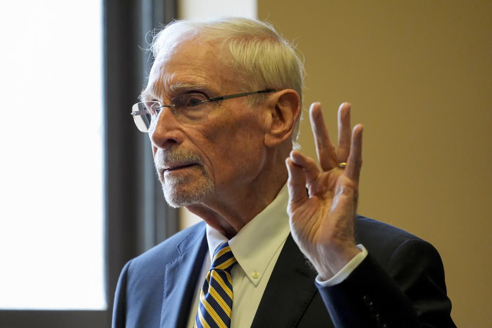 Attorney Richard Harlow, who represents The Tennessean, presents arguments to release the journals and documents related to the Covenant School shooter case to the public Tuesday, April 16, 2024, in Nashville, Tenn. (AP Photo/George Walker IV)