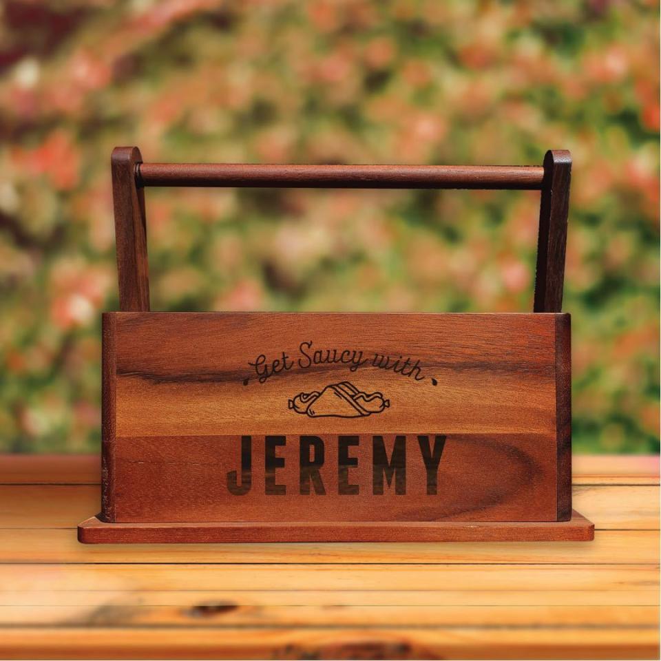 personalised wood BBQ condiment caddy, $69.99