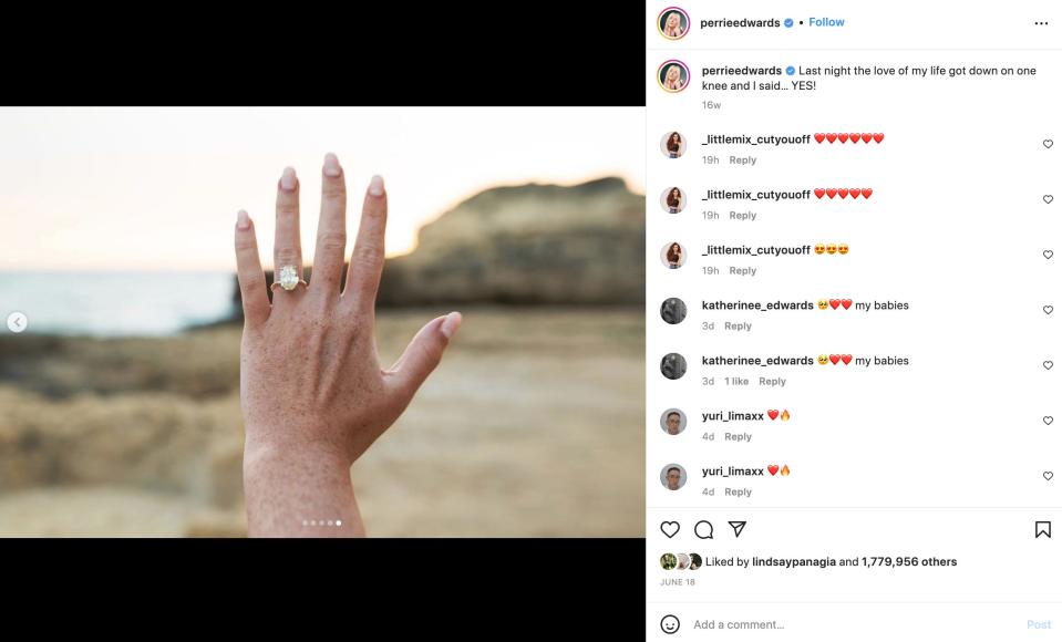 Perrie Edwards shows her engagement ring from Alex Oxlade-Chamberlain.