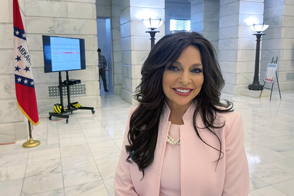 FILE - Jan Morgan poses for a photo at the Arkansas Capitol in Little Rock, Ark., Feb. 28, 2022, after filing paperwork to run for the U.S. Senate. Morgan, a former TV reporter and conservative activist, is one of three Republicans challenging U.S. Sen. John Boozman in the May GOP primary. (AP Photo/Andrew DeMillo, File)