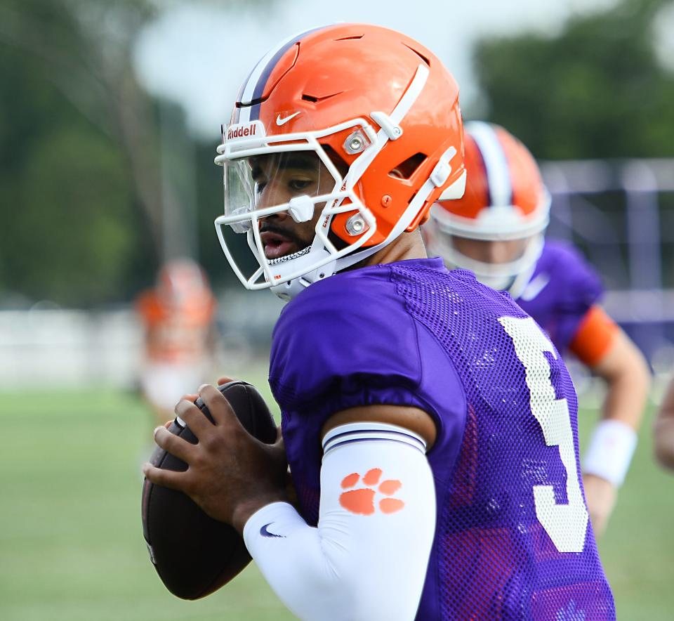 The Clemson Tigers held football practice at the school's football practice fields in Clemson on Friday, August 12, 2022.  Clemson quarterback D.J. Uiagalelei (5) on the field. 