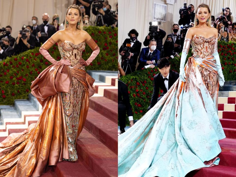 A side-by-side of Blake Lively in her transforming dress at the 2022 Met Gala. The gown started out completely copper and then was unfolded to reveal a teal train.