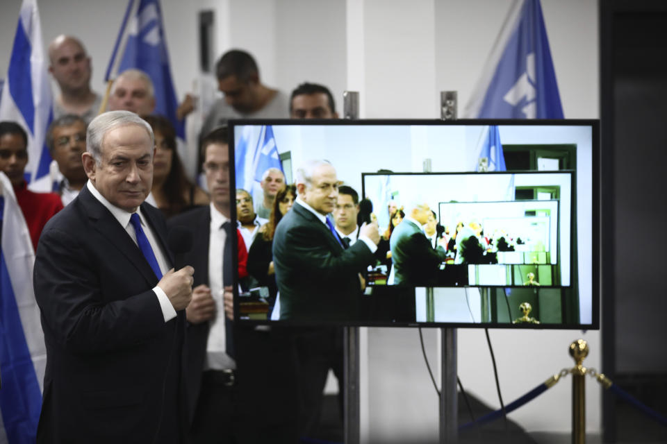 Israeli Prime Minister and head of the Likud party Benjamin Netanyahu delivers a statement in Petah Tikva, Saturday, March 7, 2020. (AP Photo/Oded Balilty)