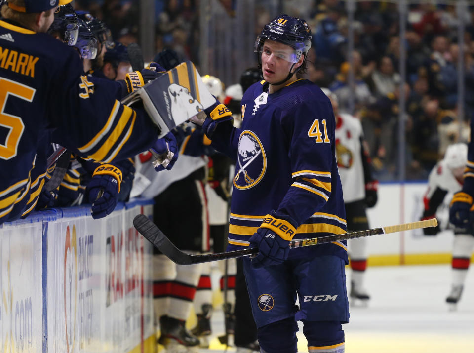 Buffalo Sabres forward Victor Olofsson (41) celebrates his goal during the first period of the team's NHL hockey game against the Ottawa Senators on Thursday, April 4, 2019, in Buffalo, N.Y. (AP Photo/Jeffrey T. Barnes)