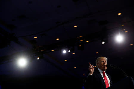 U.S. President Donald Trump addresses the Conservative Political Action Conference (CPAC) in Oxon Hill, Maryland, U.S. February 24, 2017. REUTERS/Jonathan Ernst