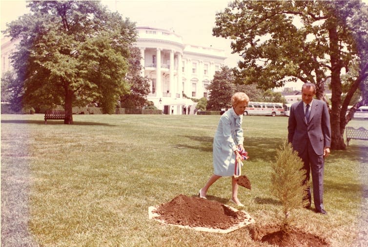 <span class="caption">President Nixon and First Lady Pat Nixon plant a tree on the White House south lawn to commemorate the first Earth Day.</span> <span class="attribution"><a class="link " href="https://en.wikipedia.org/wiki/Earth_Day#/media/File:Nixons_plant_a_tree_C6311-11a.jpg" rel="nofollow noopener" target="_blank" data-ylk="slk:White House Photo Office;elm:context_link;itc:0;sec:content-canvas">White House Photo Office</a></span>