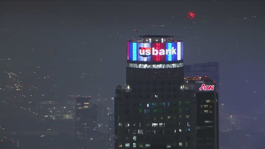 Several buildings in downtown Los Angeles celebrated Independence Day with custom lights and decorative colors on July 4, 2024. (KTLA)