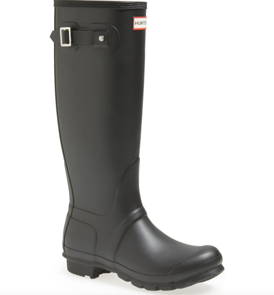 black Hunter Original Tall Rain Boots with buckle and hunter label on white background