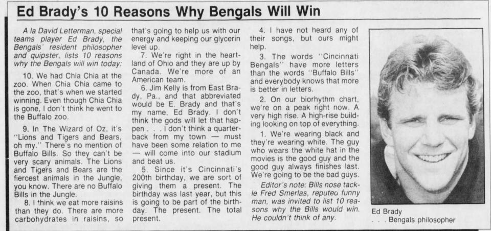 'Ed Brady's 10 Reasons Why Bengals Will Win' from the Jan. 8, 1989 Cincinnati Enquirer.