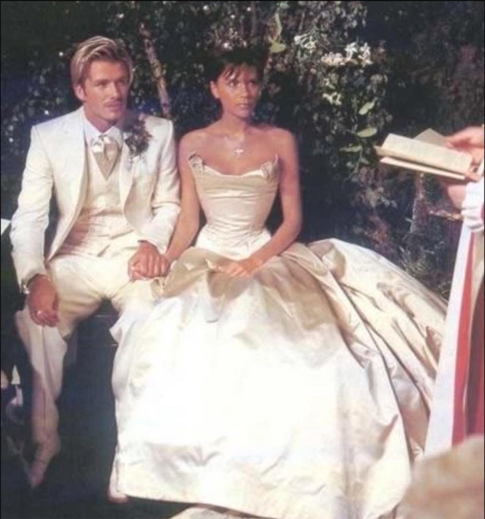 <p>Victoria Adams married David Beckham at Ireland's Luttrellstown Castle in 1999. The bride wore a Champagne-colored custom corseted Vera Wang gown featuring a strapless bodice and a voluminous skirt—complete with a 20-foot train.</p>