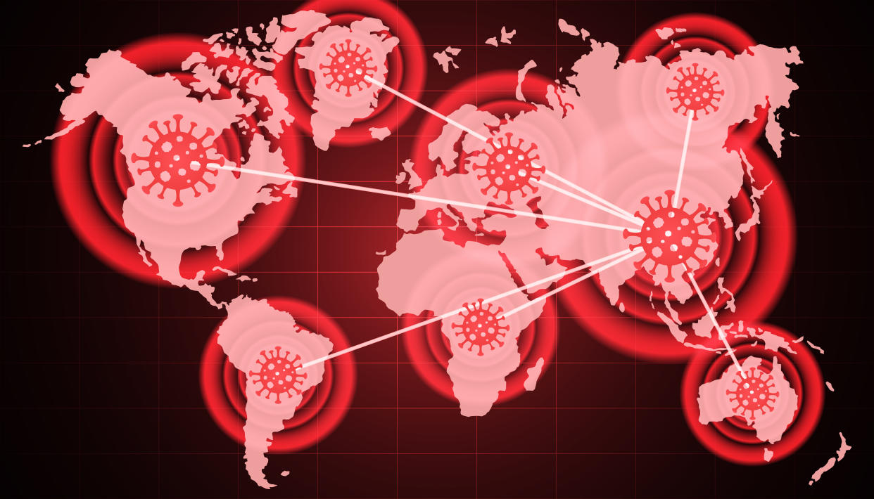 Coronavirus all around the world, the spread of novel coronavirus, Covid-2019, dangerous virus, warning signals show the coronavirus spot, starting point spread to other country, pandemic