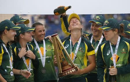 Australia's Meg Lanning celebrates with team mates lifting the Women's Ashes trophy. England v Australia - Women's Ashes Series 2015 - Third NatWest T20 International - SSE SWALEC Stadium, Cardiff, Wales - 31/8/15. Action Images via Reuters / Andrew Boyers Livepic