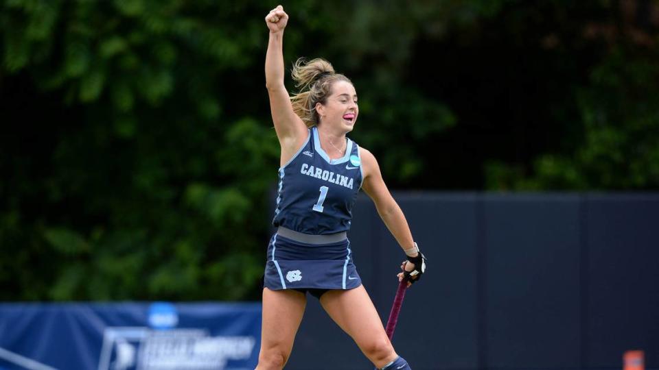 Erin Matson celebrates during an NCAA semifinal game against Iowa on May 7, 2021, in Chapel Hill, N.C. In her five-year NCAA career, Matson was the national player of the year three times.