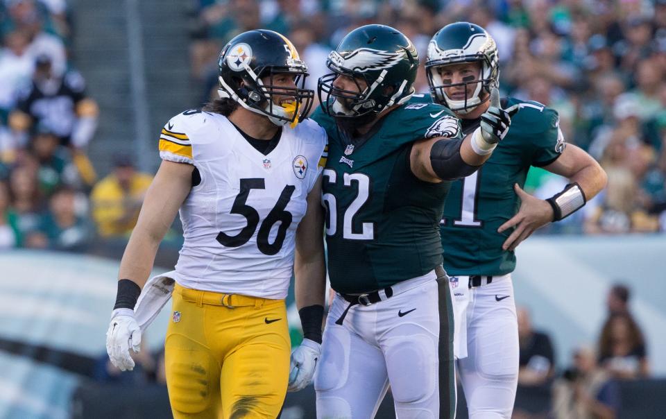 Sept. 25, 2016: Jason Kelce has words for the Pittsburgh Steelers' Anthony Chickillo after the linebacker tackled Eagles quarterback Carson Wentz during a game at Lincoln Financial Field.