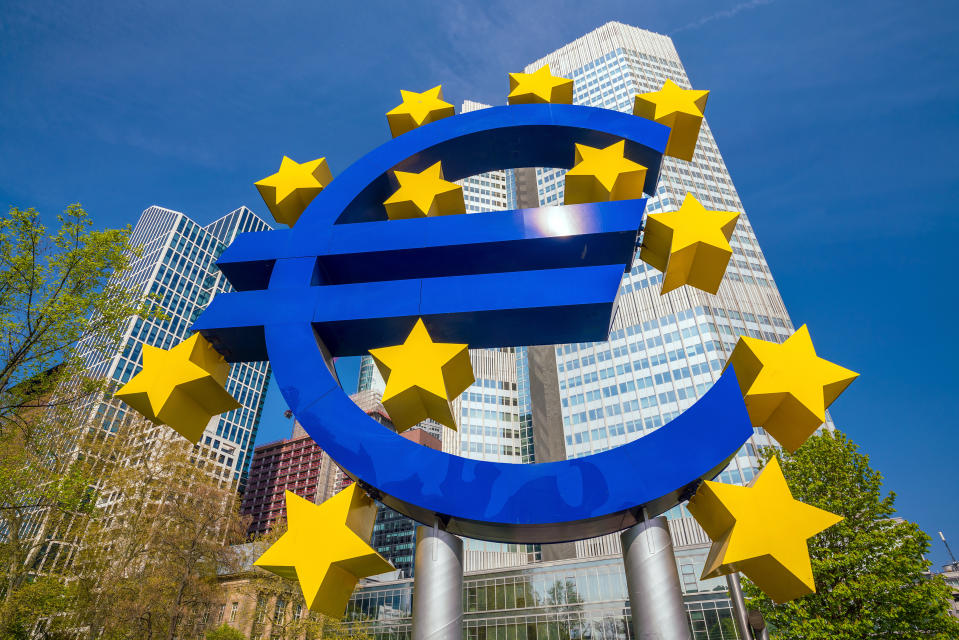 Famous euro sign in Frankfurt am Main with wide-angle shot daytime