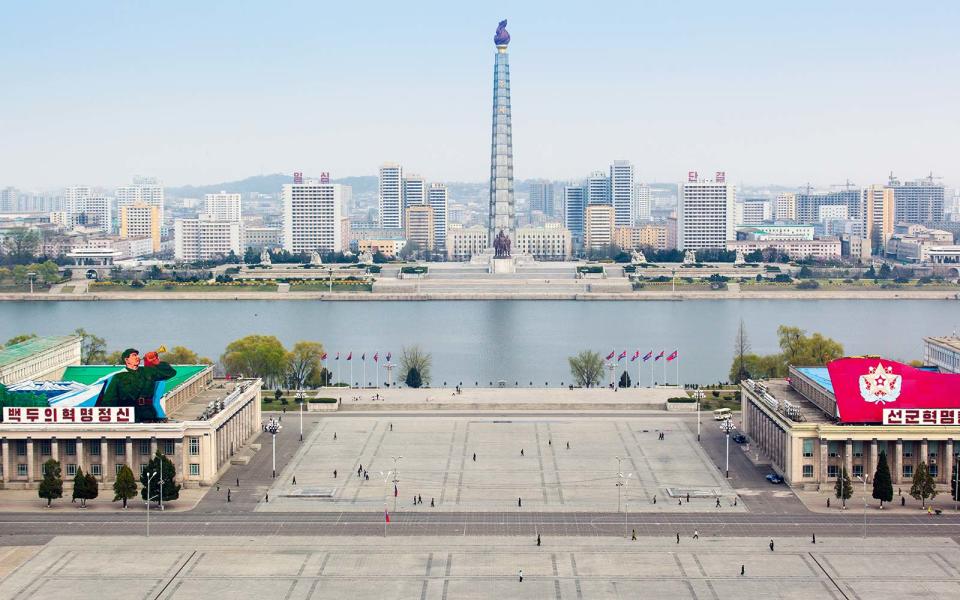 Elevated view over Kim Il Sung Square, Pyongyang, Democratic People's Republic of Korea (DPRK), North Korea, Asia