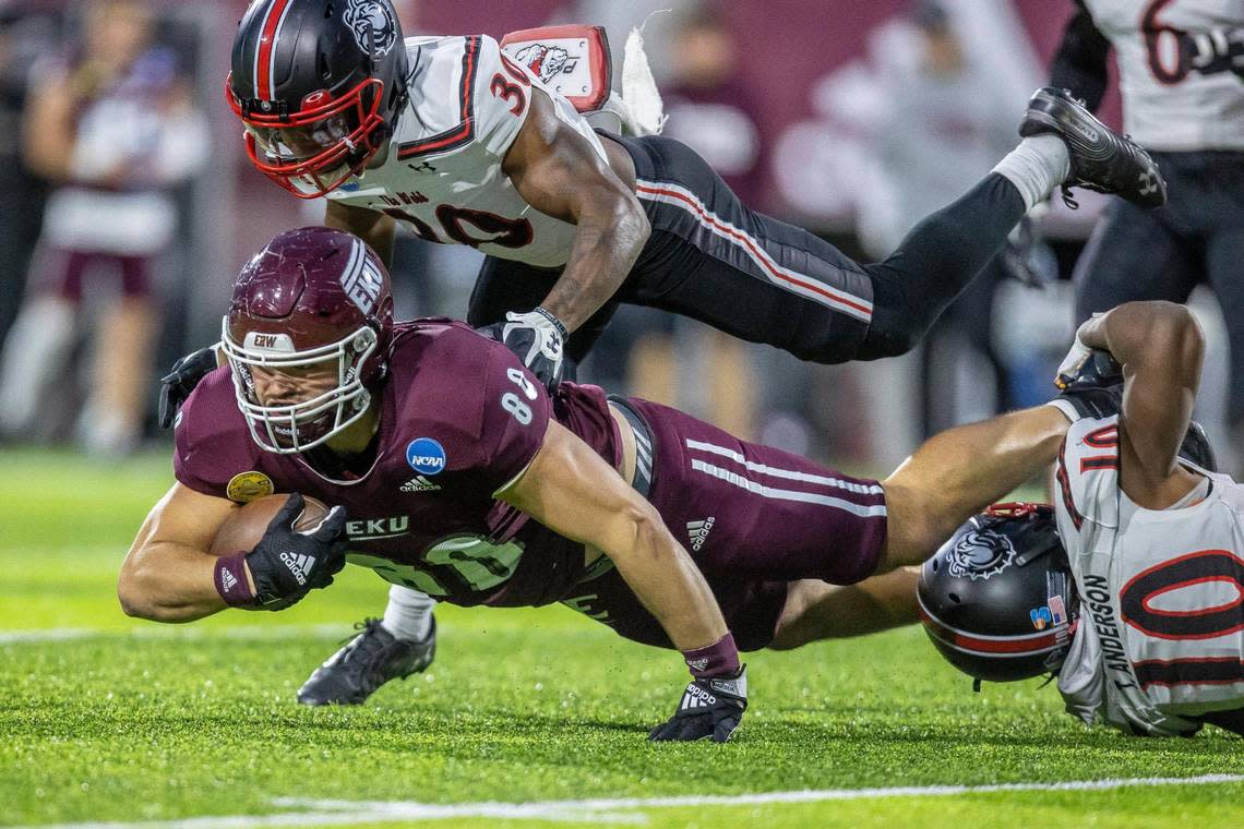 Eastern Kentucky tight end Joeseph Sewell (80) is tackled by Gardner-Webb defensive back Josiah Wright during Saturday’s FCS playoffs game in Richmond.
