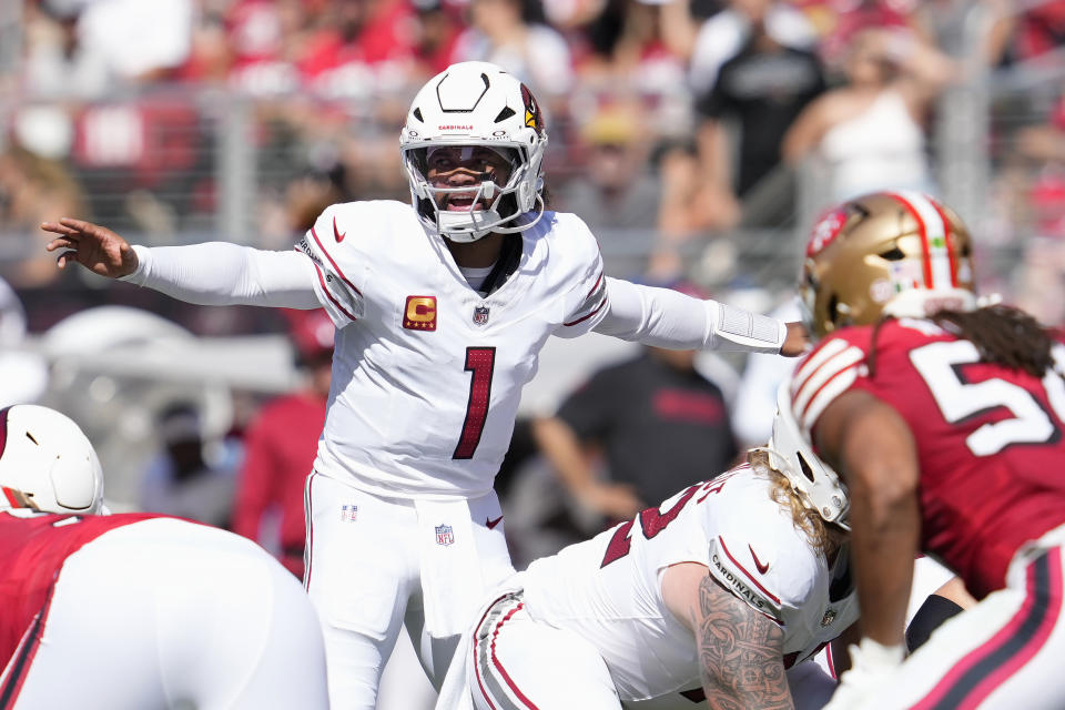 Arizona Cardinals quarterback Kyler Murray (1) gestures behind center at the line of scrimmage during the first half of an NFL football game against the San Francisco 49ers in Santa Clara, Calif., Sunday, Oct. 6, 2024. (AP Photo/Godofredo A. Vásquez)