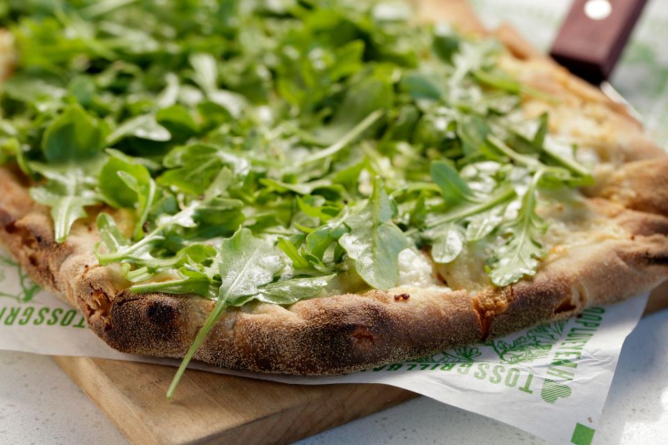 The Loop's Isabella's White Pinsa Pizza is made with creamy goat, fontina and mozzarella cheeses and arugula.